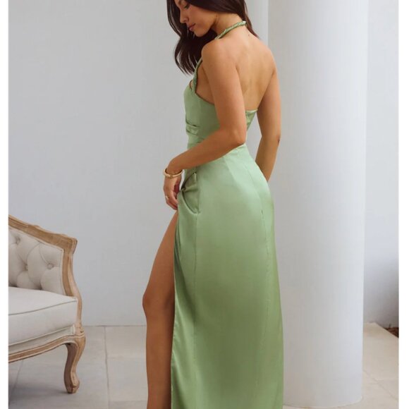Sage Green Satin Halter Maxi Dress (M) - Picture 4 of 4